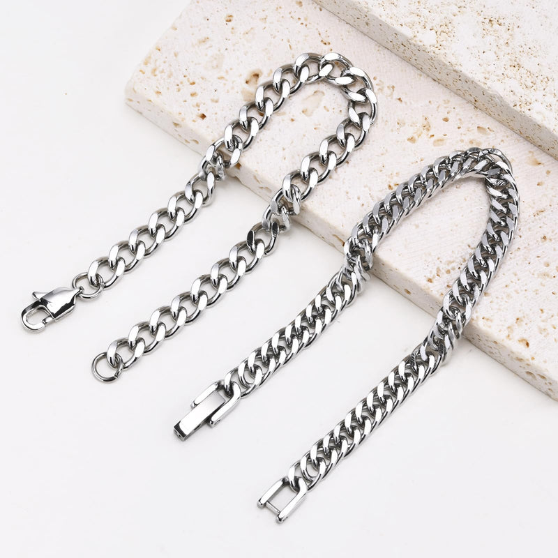 VNOX 2 Pcs Chain Bracelet for Men Women - Sturdy Stainless Steel Curb Width Cuban Link Chain Bracelet Set for Men Women,6.5/7/7.4/8.2/9 Inches 7.48 Inches 2Pcs-Silver Cuban Link - BeesActive Australia