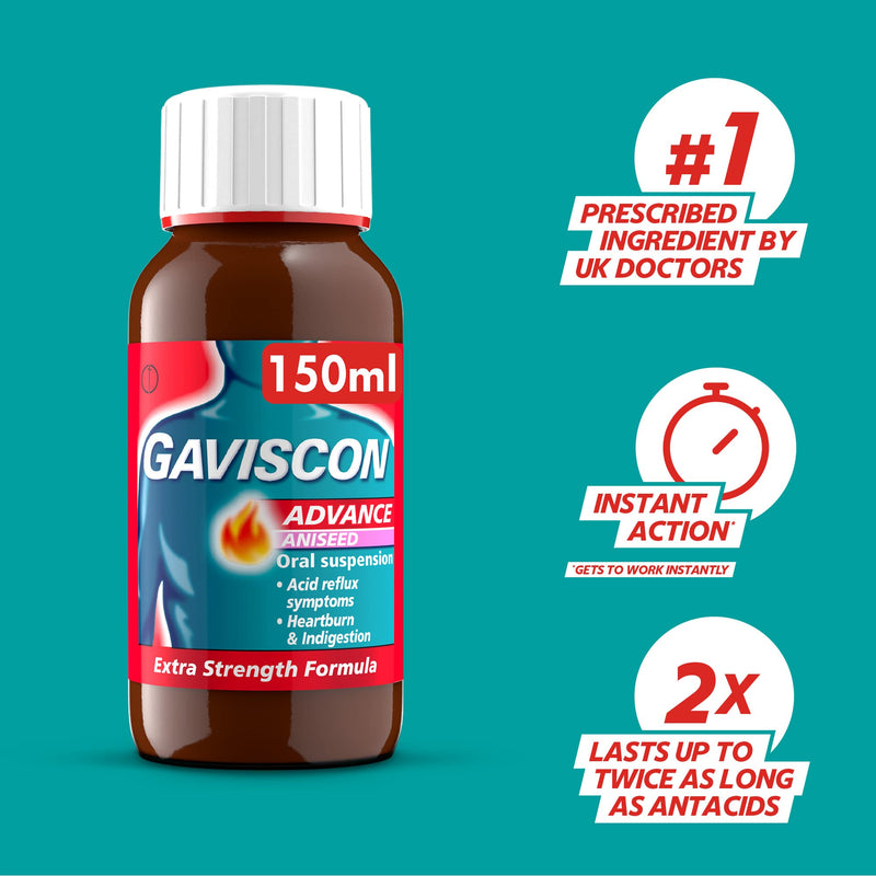 Gaviscon Advance Extra Strength Heartburn & Indigestion Liquid, Aniseed Flavour, 150ml, Pack of 6 - BeesActive Australia