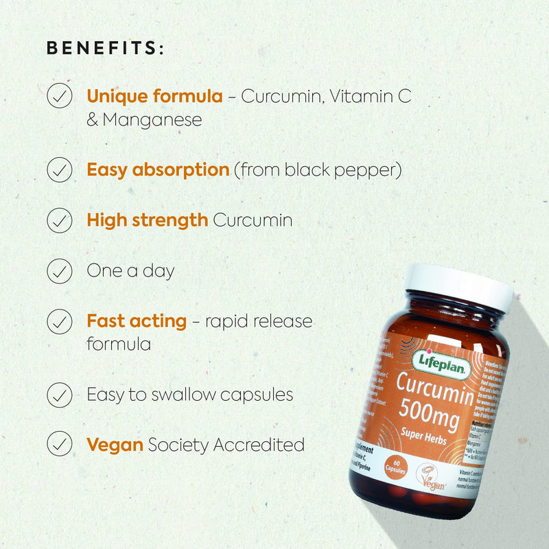 Lifeplan Super Herbs Curcumin 500mg (60 Capsules) � with Vitamin C and Manganese and Piperine � 60-Day Supply - BeesActive Australia