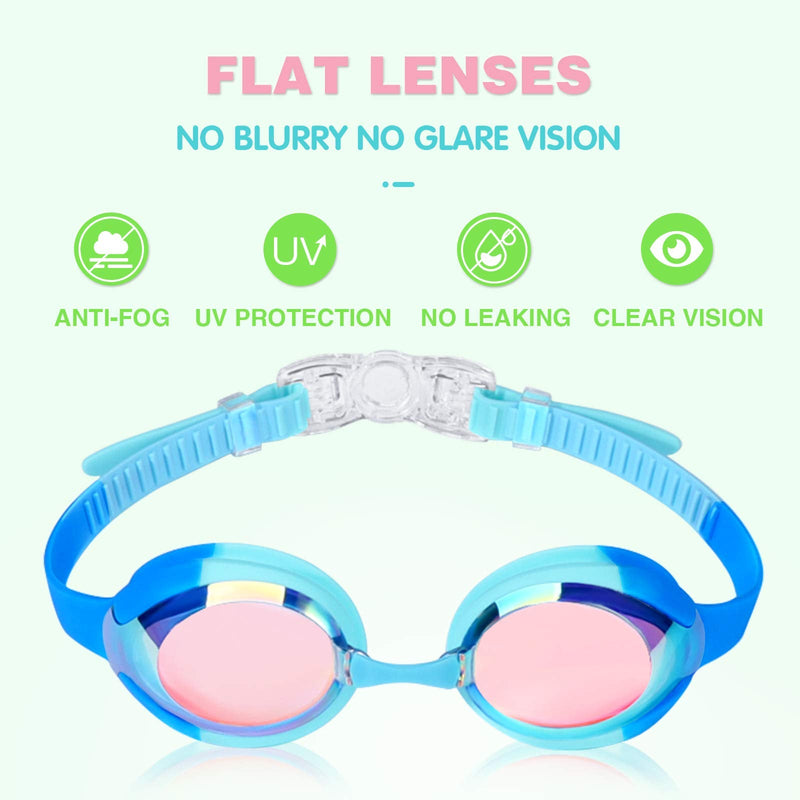 Keary 2 Pack Kids Swim Goggles for Toddler Kids Youth(3-9),Anti-Fog Waterproof Anti-UV Clear Vision Water Pool Goggles Mirrored Blue & Light Blue(2 Pack) - BeesActive Australia