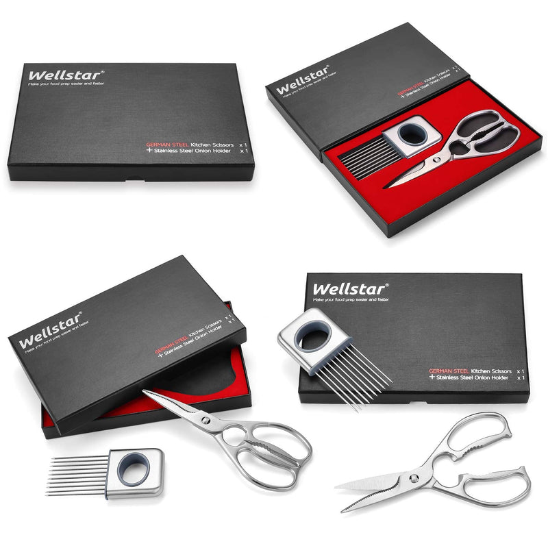 Multipurpose Kitchen Shears by WELLSTAR, Come Apart Heavy Duty German Stainless Steel Food Scissors for Cutting Meat Poultry Chicken Vegetable, Plus Handy Onion Slicing Holder, Gift Box Pack Satin Finish - BeesActive Australia