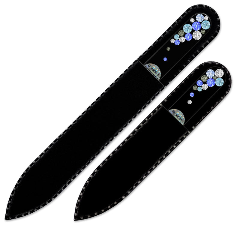 Mont Bleu Premium Set of 2 Glass Nail Files Hand Decorated with Swarovski Elements - in Black Velvet Sleeve - Genuine Czech Tempered Glass - Mothers day gifts - Fingernail File for Natural Nails Sapphire - BeesActive Australia