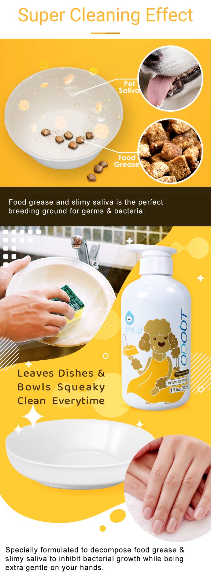 ODOUT Bowl Cleaner for Pet, Colorless & Fragrance-Free, No-Toxic Formula, Eco-Friendly,Toy Disinfect, Hand Care, Suitable for All Materials, 16.9oz/500ml Dog-17oz - BeesActive Australia