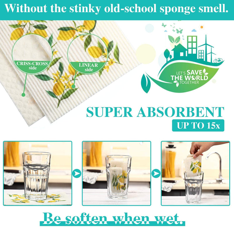 Boao Set of 6 Lemon Swedish Kitchen Dishcloths Cleaning Cloths Absorbent Cloth No Odor Reusable Dish Towel for Kitchen, Hand, Counter Wipes - BeesActive Australia
