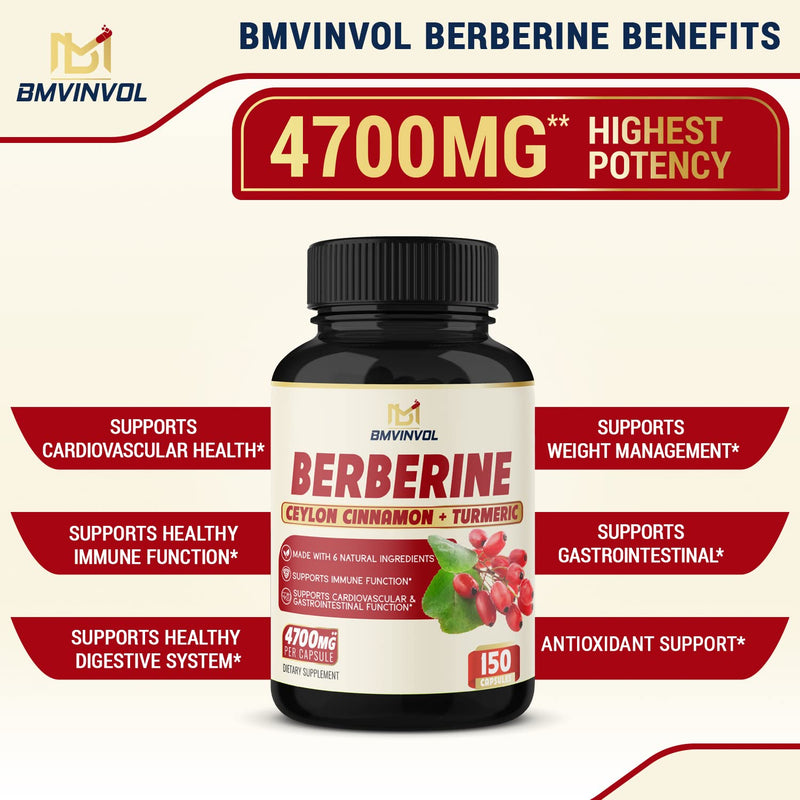 Berberine Supplement 4700mg - 5 Months Supply - High Potency with Ceylon Cinnamon, Turmeric - Supports Immune System, Cardiovascular & Gastrointestinal Function - Berberine HCl Supplement Pills - BeesActive Australia