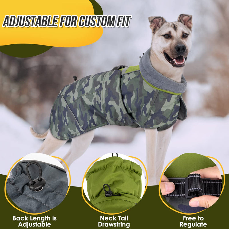 SlowTon Dog Winter Coat, Windproof 3 Layers Thick Warm Fleece Lining Dog Jacket for Cold Weather, Reflective Dog Apparel Dog Clothes with Leash Opening for Medium Large Dogs(Green Camo,3XL) XXX-Large(Chest 32''-36'') Green Camouflage - BeesActive Australia