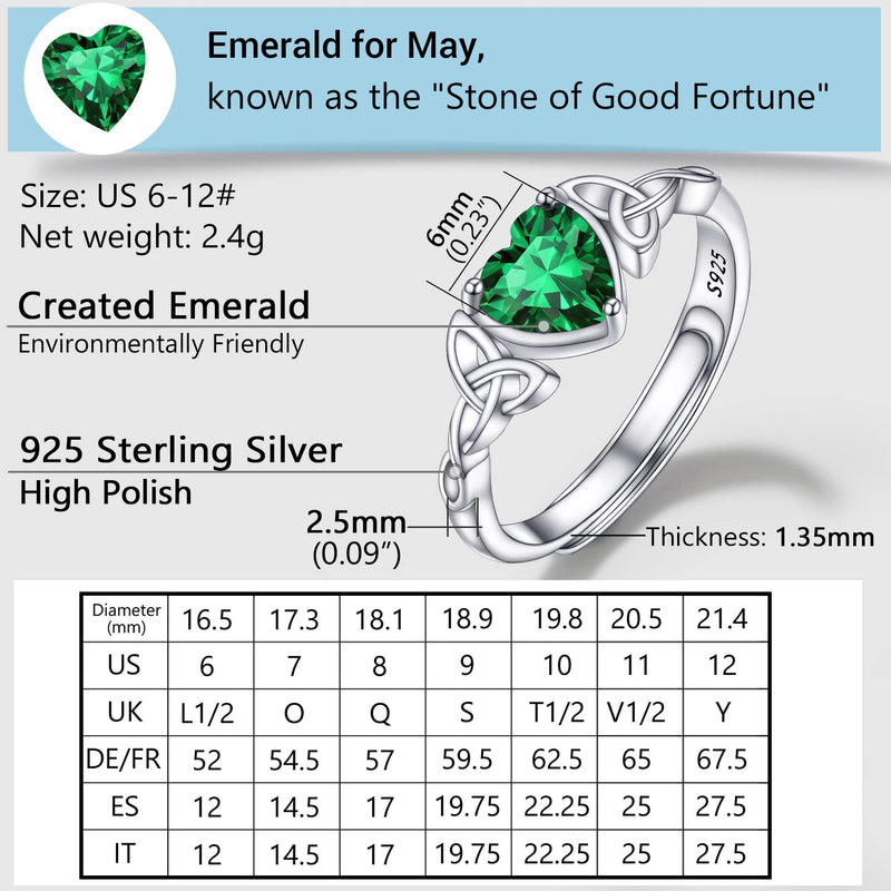 PROSILVER 925 Sterling Silver Celtic Knot Heart Ring for Women, Birthstone Jan-Dec Available, Gorgeous Cubic Zirconia Ring, Adjustable Ring, Come Gift Box 05 May (Emerald) - BeesActive Australia