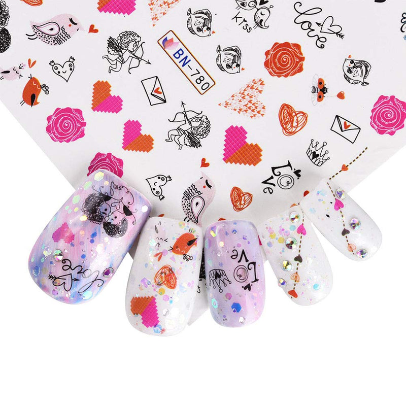 Lookathot 3Sheets/36Styles Valentine's Nail Art Stickers Decals Love Heart Rose Lipstick Red Lips High Heels Design Pattern Water Sky Star Foil Paper Printing Transfer DIY Decoration Tools Accessories - BeesActive Australia
