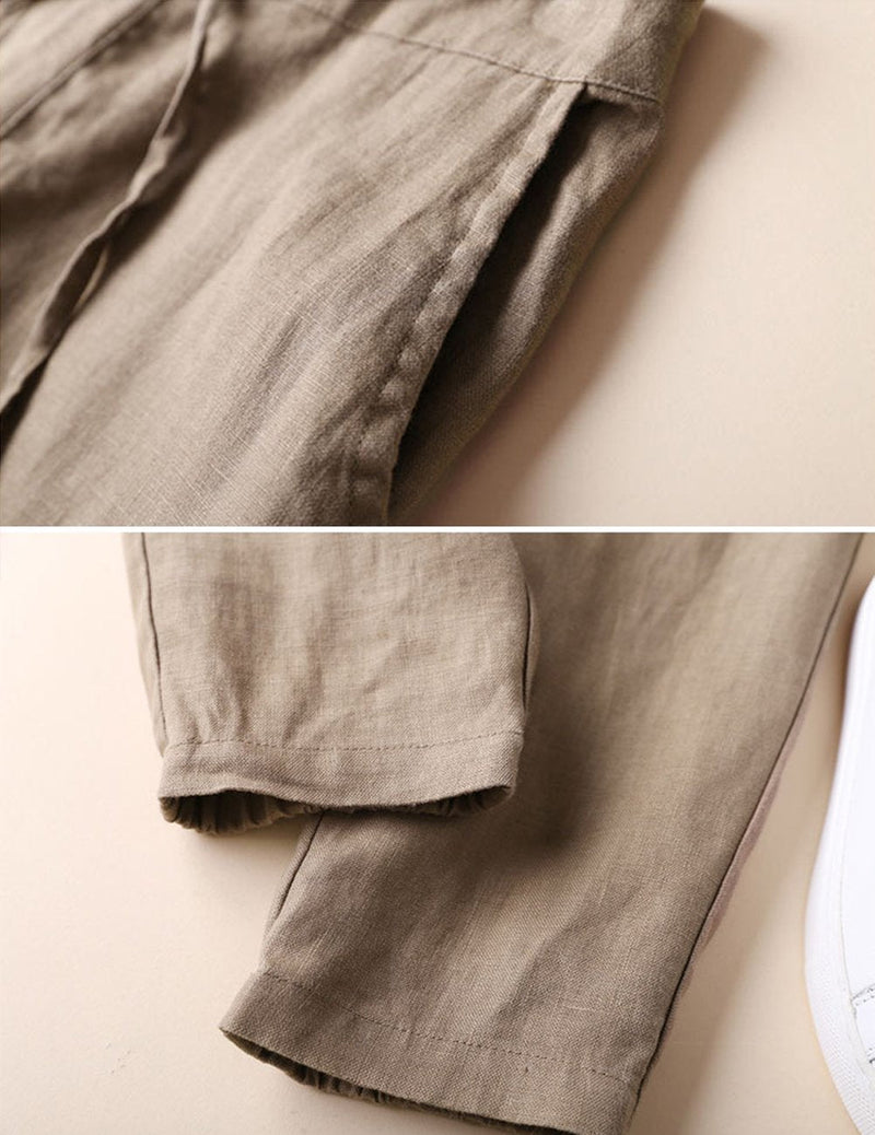 IXIMO Women's Tapered Pants 100% Linen Drawstring Back Elastic Waist Ankle Length Pants Dark Khaki Medium - BeesActive Australia