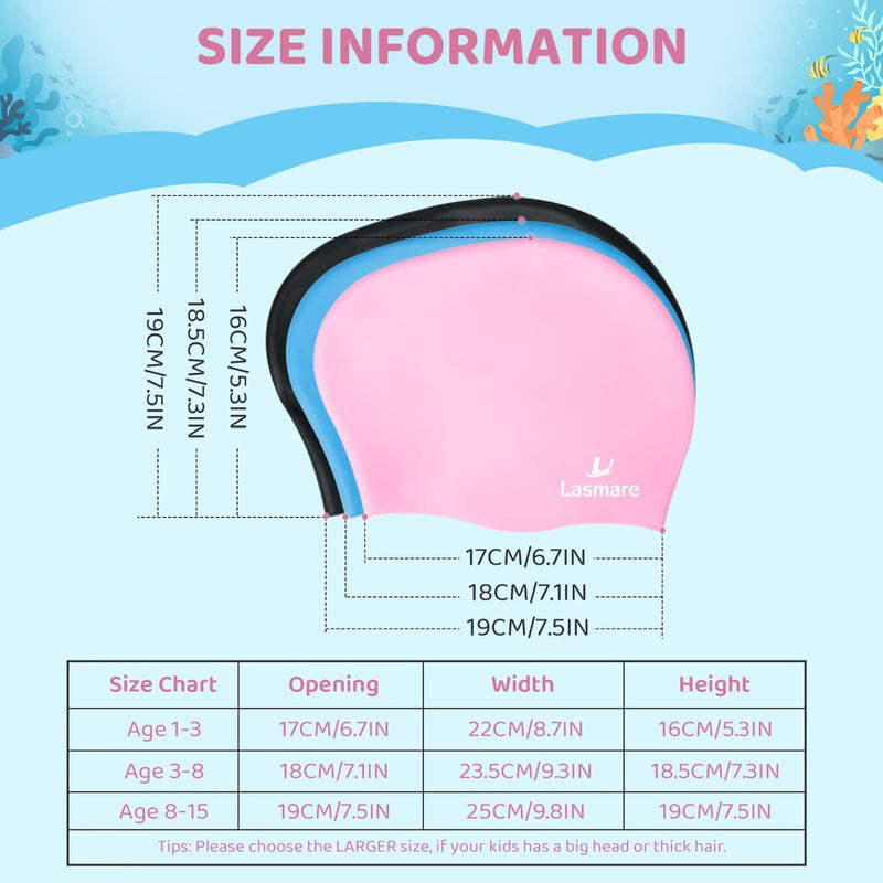 Kids Long Hair Swim Cap for Girls Boys, 3 Size Silicone Swimming Cap for Age 1-15 Toddler Children Teens, Waterproof Swim Hats Bathing Caps with Ear Plugs & Nose Clip to Keep Hair Dry Pink Age 3-8 - BeesActive Australia
