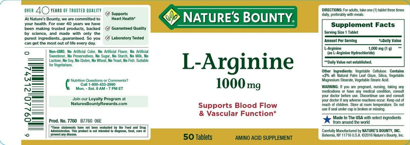 Nature's Bounty L-Arginine 1000 mg, 50 Tablets - BeesActive Australia