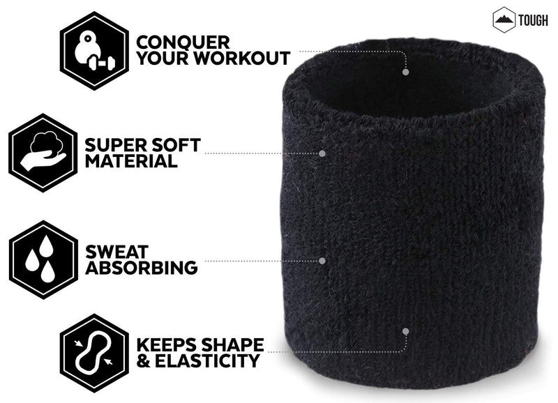 Head / Wrist Sweatbands - Sports Wristbands / Headband for Athletic Men & Women - Sweat Absorbing Cotton Terry Cloth Bands for Tennis, Basketball, Baseball, Football, Running, Exercise & Working Out Black - Wristbands - BeesActive Australia