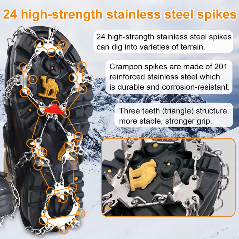Crampons Ice Cleats for Shoes and Boots, AYAMAYA [Upgraded] 24 Spikes Antislip Stainless Steel Snow Traction Ice Gripper for Shoes Men Women, Snow Chains for Hiking Winter Walking Climbing - M/L/XL Large - BeesActive Australia