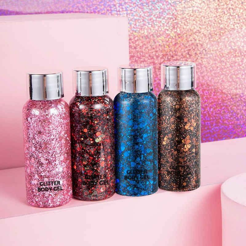 Holographic Body Glitter Gel Set 4 Colors Cosmetic Chunky Glitters Flakes Gel Colorful Mixed Paillette Gel for Festival Party Face Makeup, Body, Hair, Eye and Lips Shimmer Pink, Blue, Brown Set B - BeesActive Australia