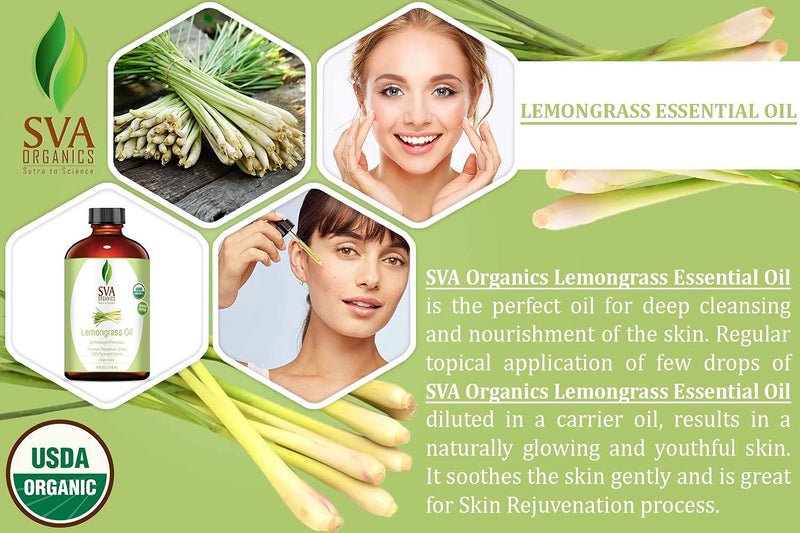 SVA Organics Lemongrass Oil Organic USDA 4 Oz 100% Pure Natural Undiluted Premium Therapeutic Grade Oil for Diffuser, Aromatherapy, Skin, Face & Hair - BeesActive Australia