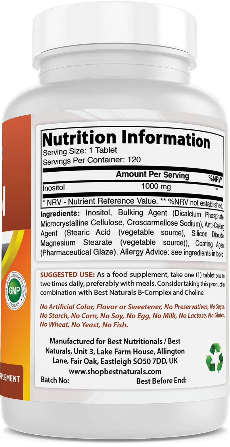 Best Naturals Inositol 1000 mg 120 Tablets - Manufactured in a USA Based GMP Certified and FDA Inspected Facility and Third Party Tested for Purity. Guaranteed!! (120 Count (Pack of 2)) 120 Count (Pack of 2) - BeesActive Australia
