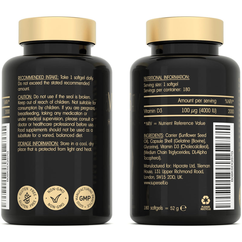 Vitamin D3 4000 IU - Vitamin D Tablets High Strength - 180 Softgel Capsules - VIT D Supplement for Strong Bones, Muscles, Teeth, Immune System - High Absorption Cholecalciferol D3 Vitamins 4000IU 180 Count (Pack of 1) - BeesActive Australia