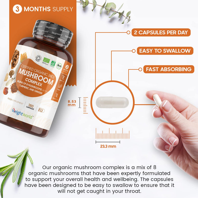Organic Mushroom Complex 8-180 Capsules - 1000mg - Lion's Mane and 7 Mushroom Blends (Reishi, Chaga, Cordyceps, Shitake, Oyster, Maitake & Coprius) - Added Turmeric & Ginger - Vegan Capsules - BeesActive Australia