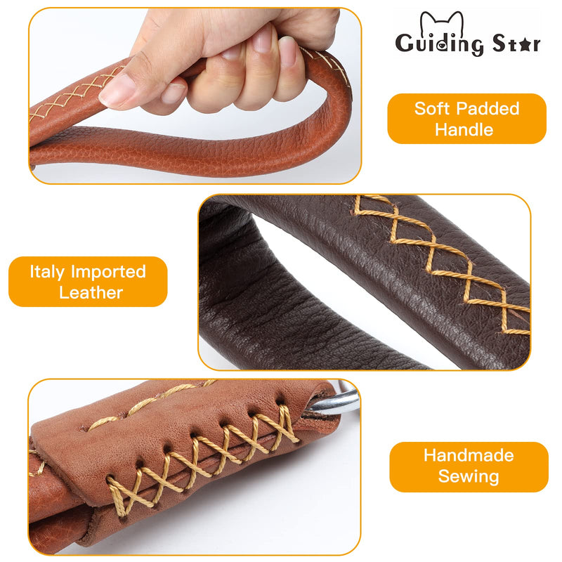 Guiding Star Brown Short Dog Leash Padded Handle Real Leather Sewn by Hand - BeesActive Australia