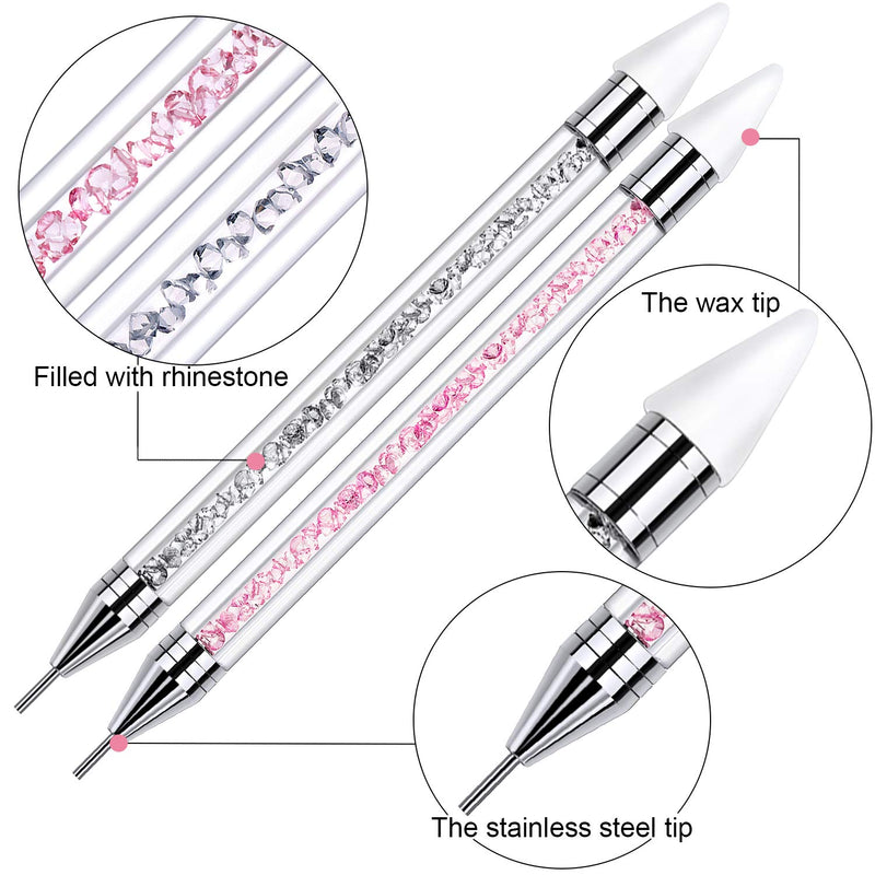 2 Pieces Rhinestone Picker Dotting Pen, Dual-ended Rhinestone Gems Crystals Studs Picker Wax Pencil Pen Crystal Beads Handle Manicure Nail Art DIY Decoration Tool (Pink White) Pink White - BeesActive Australia