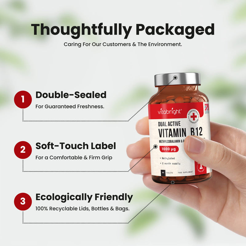 Vitamin B12 Tablets - 1000mcg High Strength - Dual Active Methylcobalamin and Adenosylcobalamin - 60 Tablets (2 Month Supply) - for Immune System, Brain and Energy - Vegan - Made in UK by VitaBright 60 Count (Pack of 1) - BeesActive Australia