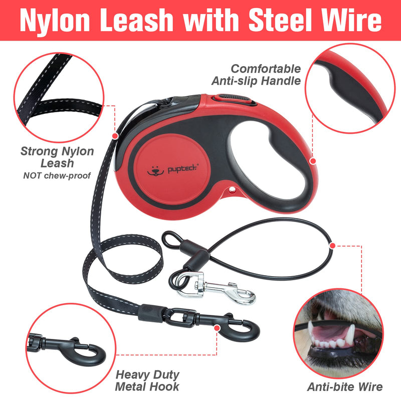 PUPTECK Retractable Dog Leash - Reflective Pet Walking Leash up to 110lbs for Small Medium Large Dogs, Heavy Duty 16ft 360-Degree Tangle-Free Lead, One-Hand Brake Red Chew Proof - BeesActive Australia