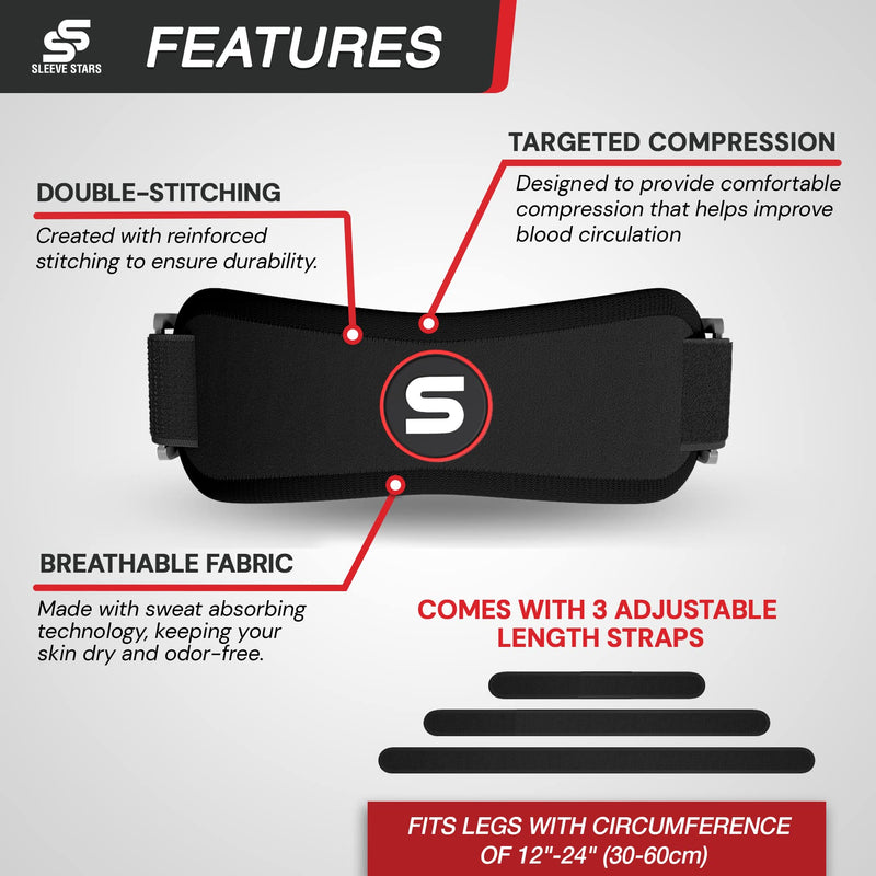 Sleeve Stars Patellar Tendon Support Strap Osgood Schlatter Knee Brace for Kids, Youth, Women & Men w/ 3 Lengths, Swedish Brand Patella Knee Strap Support Band for Arthritis, Tendonitis & Pain (Black) One Size Black 1 - BeesActive Australia