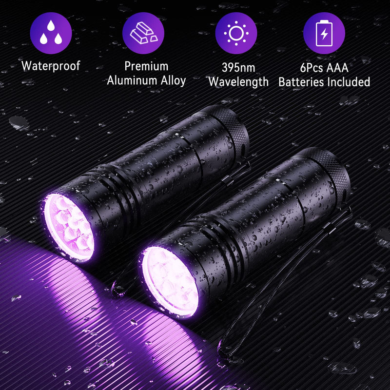 UV Flashlights, 2 Pack Black Light Flashlights with 12 LED and 395 nm Black Light for Pet Urine and House Stains Detecting, 6 AAA Batteries Included - BeesActive Australia
