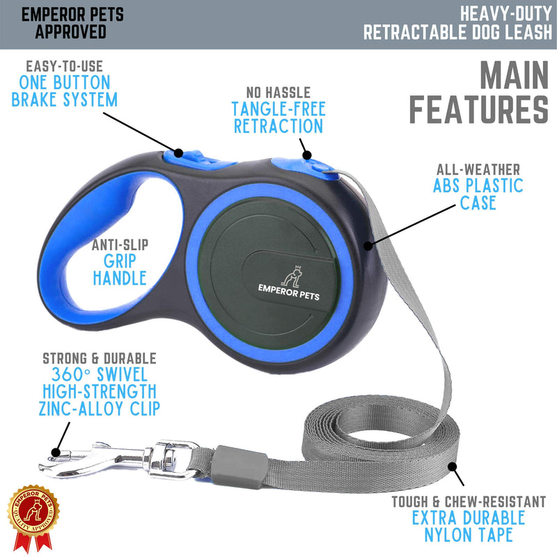 Emperor Pets 26 ft Retractable Dog Leash Large Dogs - Up to 110lb, Heavy Duty Dog Leash Retractable, Dog Leashes for Large Breed Dogs, Grey Dog Leash Large Dogs, Dog Leashes for Medium Dogs 26 ft. / 8m Blue - BeesActive Australia