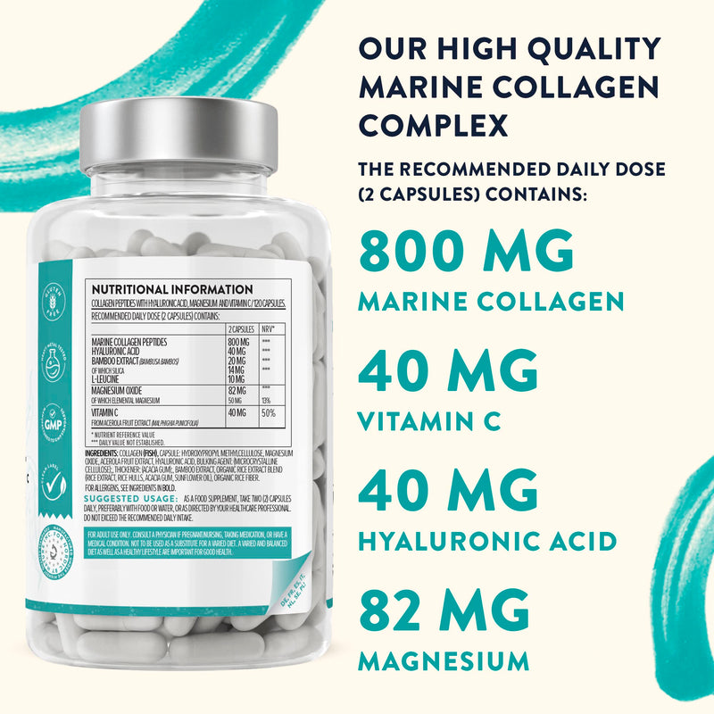 Marine Collagen Tablets for Women and Men with Hyaluronic Acid, Natural Vitamin C & Magnesium - with Pure Collagen peptides - 120 Marine Collagen Capsules - GMO, Gluten & Lactose Free - BeesActive Australia