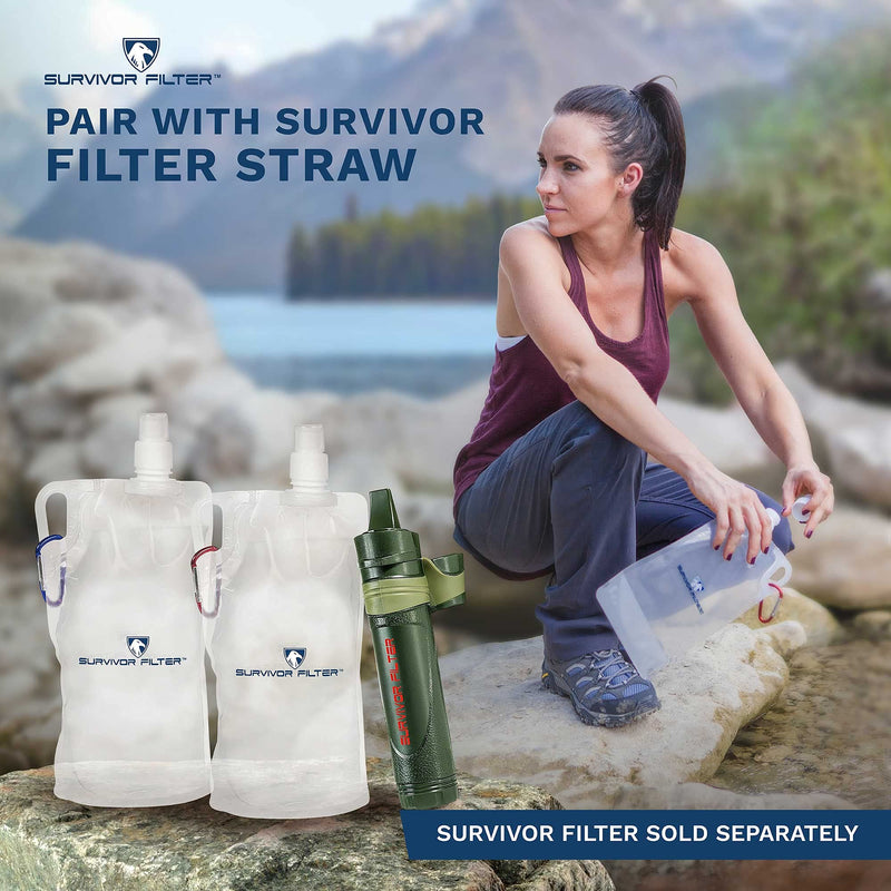 Survivor Filter Collapsible Water Bottles, Canteens (33oz) 2 Pack (2L Total) - Durable Carabiners and Handles. Squeeze Water through a Filter or Use as Water Bottles and Reservoir. Light and BPA Free Water Bladders - BeesActive Australia