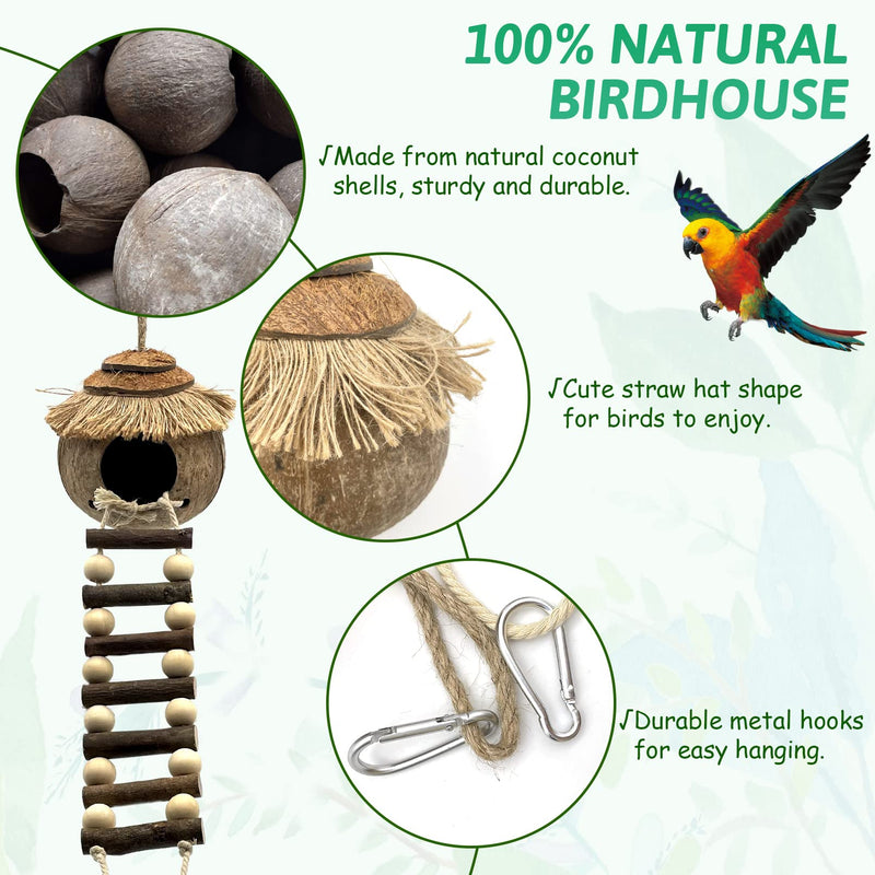 Tfwadmx Hanging Bird House with Ladder Natural Coconut Fiber Birds Nest Coco Shell Hideaway Lovebird Swing Toys Parrot Cage Accessories for Parakeet Finch Parrot Canary - BeesActive Australia