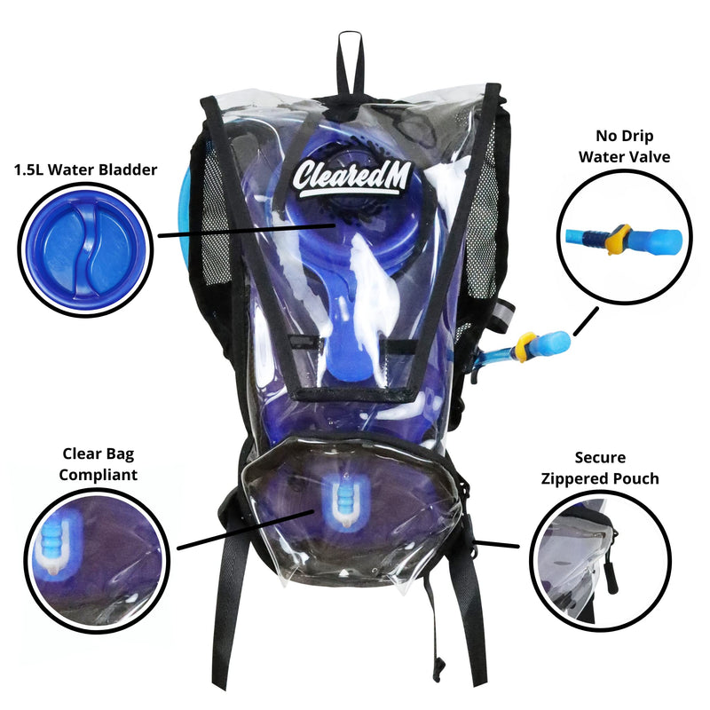ClearedM Clear Hydration Pack - Clear Backpack with 1.5L Water Bladder Included, Hydropack for Festivals and Raves - BeesActive Australia