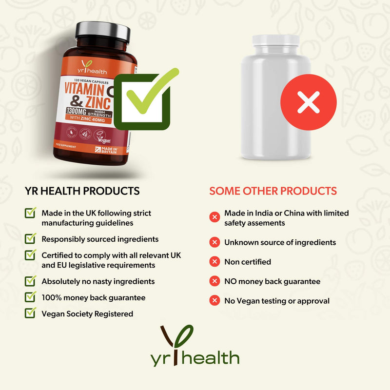 Vitamin C 1300mg and Zinc 40mg High Strength - VIT C and Zinc for Maintenance of Normal Immune System - 120 Vegan Capsules not Tablets - 2 per Daily Serving - Made in The UK by YrHealth - BeesActive Australia