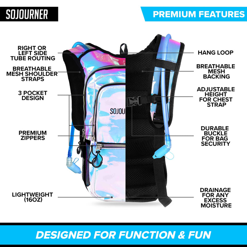 Sojourner Hydration Pack, Hydration Backpack - Water Backpack with 2l Hydration Bladder, Festival Essential - Rave Hydration Pack Hydropack Hydro for Hiking, Running, Biking, Festival Gear Holographic - Blue - BeesActive Australia