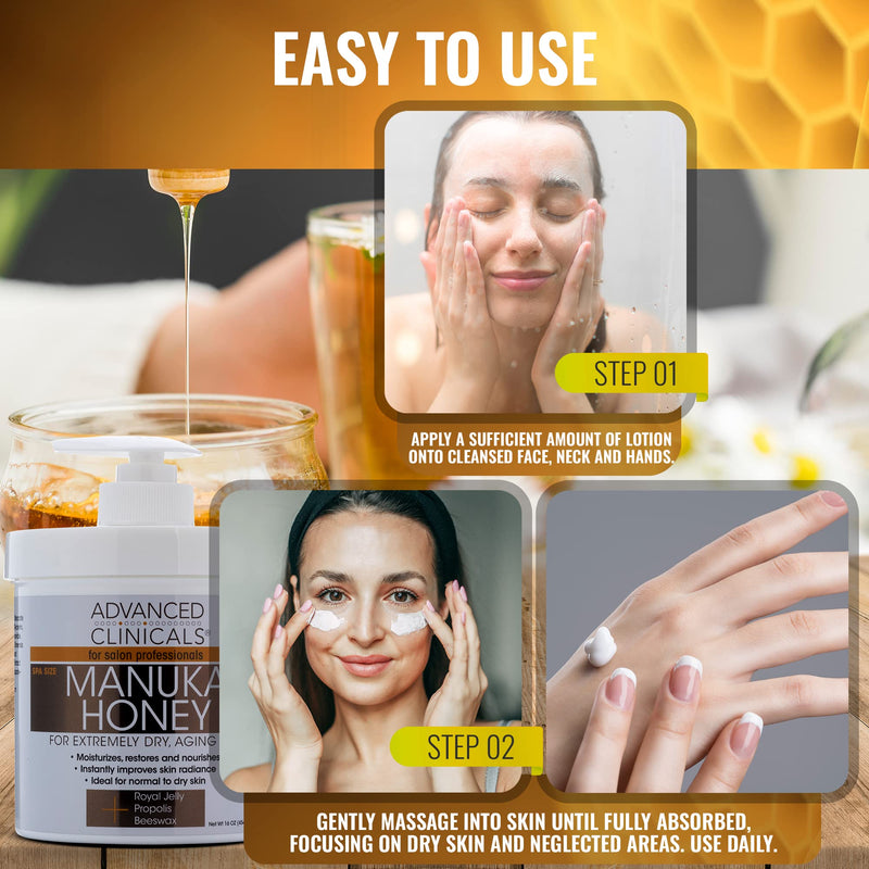 Advanced Clinicals Manuka Honey Cream Face Moisturizer & Body Butter Lotion For Dry Skin | Firming & Hydrating Miracle Balm Skin Care Moisturizing Lotion For Women, Wrinkles, & Sun Damaged Skin, 16Oz 16 Ounce (Pack of 1) Manuka Honey Body Cream - BeesActive Australia
