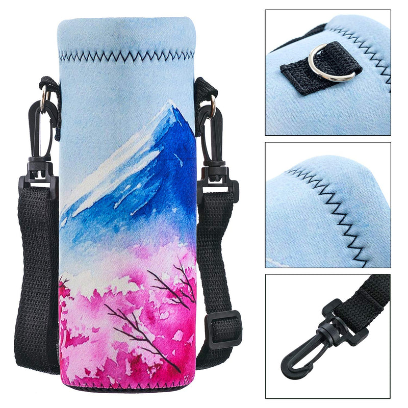 Water Bottle Sling Case Bag Carrier Holder - 500ML 750ML 1000ML Neoprene Water Bottle Sleeve Cooler Cover Pouch with Adjustable Shoulder Strap for Men Women Kids Travel Camping Walking Hiking Running Cherry Blossoms & Fujiyama 500ML/16.9oz - BeesActive Australia