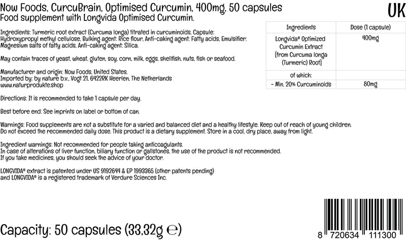 Now Foods, CurcuBrain, Optimised Curcumin, 400mg, 50 Vegan Capsules, Lab-Tested, Gluten Free, SOYA Free, Vegetarian - BeesActive Australia