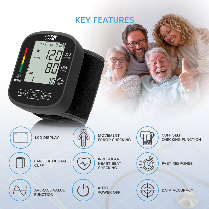 Get Fit Wrist Blood Pressure Monitor for Home Use - Medical Blood Pressure Machine Reader - Dual Users 2x99 Memory - Sphygmomanometer Adjustable Wrist Cuff, LCD Display, Pulse Rate Monitor - Black One Size - BeesActive Australia