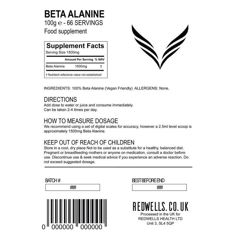 Beta Alanine Powder REDWELLS Premium Quality No Additives Amino Acid - 100g Pack 100 g (Pack of 1) - BeesActive Australia