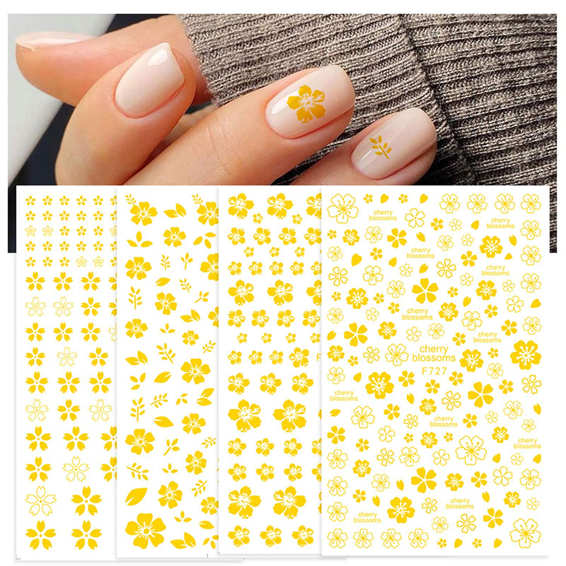 8 Sheets Gold White Small Flower Nail Art Stickers Decals,3D Self-adhesive Flowers Cherry Blossoms Nail Design For Acrylic Nails Supplies,DIY Manicure Nail Decoration Beauty Accessories - BeesActive Australia