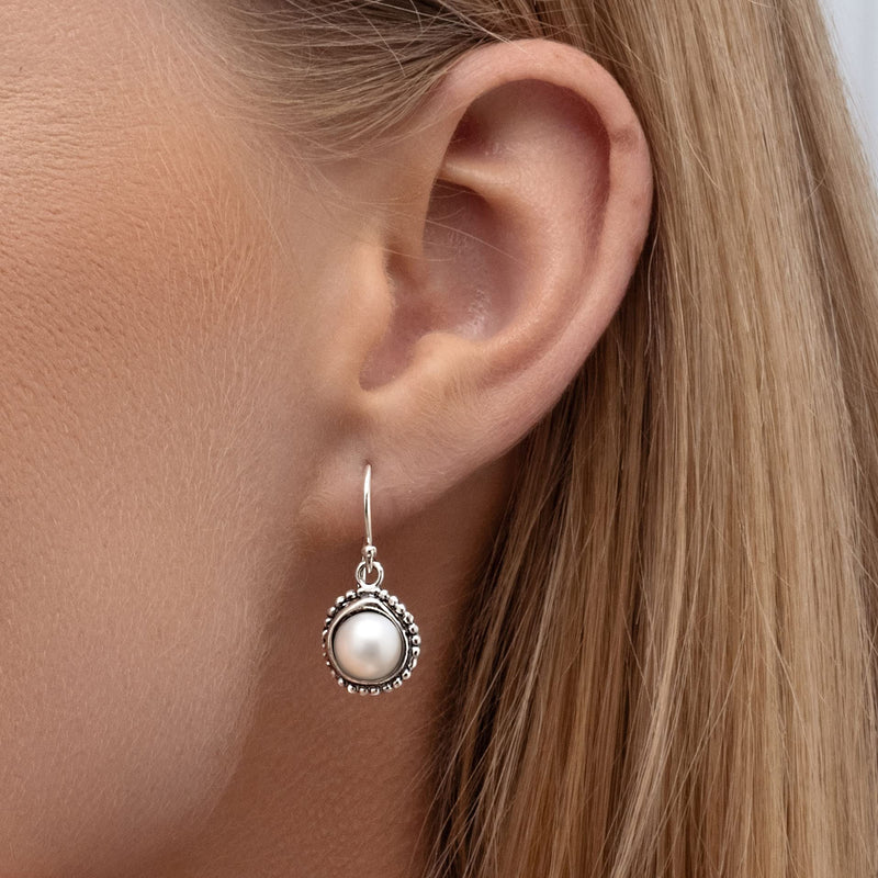 925 Sterling Silver Dangle Drop Earrings w/Freshwater Pearl Nested in Beaded Bezel Antique Finish, Stylish, Hypoallergenic, Nickel & Lead-free, June Birthstone, French Wire Back, Made In Israel - BeesActive Australia