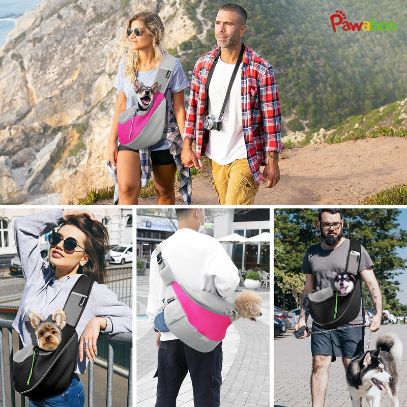 Pawaboo Pet Dog Sling Carrier, Hand Free Drawstring Dog Papoose with Adjustable Strap, Breathable Mesh Bag for Puppy Cat, Crossbody Satchel Dog Purse with Pocket for Outdoor Travel Large Rose Red - BeesActive Australia