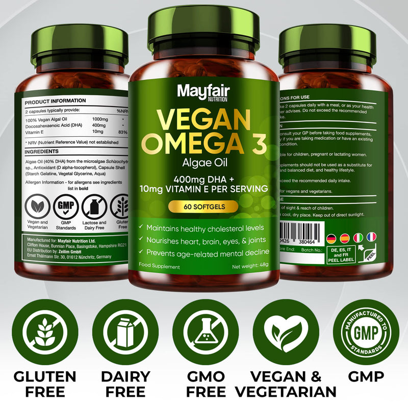 Vegan Omega 3 from Sustainable Algae Oil - 60 Vegan Capsules Rich in Algae Omega 3 Fatty Acids - 400mg DHA & 10mg Vitamin E Per Daily Serving - BeesActive Australia