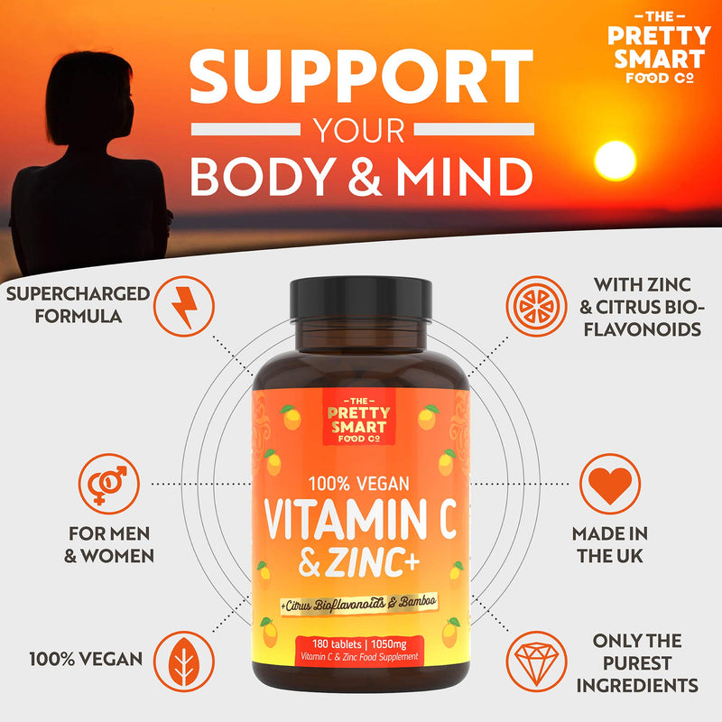 Powerful Vitamin C and Zinc Tablets - Vitamin C 1000mg with Zinc - 6 Month's Supply - Boosted with Citrus Bioflavonoids & Bamboo - For The Maintenance of a Normal Immune System - 180 Tablets - UK Made - BeesActive Australia