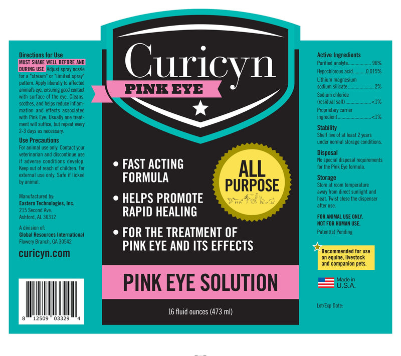 Curicyn Pink Eye Solution, Extra Strength Formula Conjunctivitis Eye Drops for Dogs, Cats, Livestock and Horses – Pain Free, Non-Steroidal Dog Eye Wash with Purified Anolyte - 16 oz - BeesActive Australia