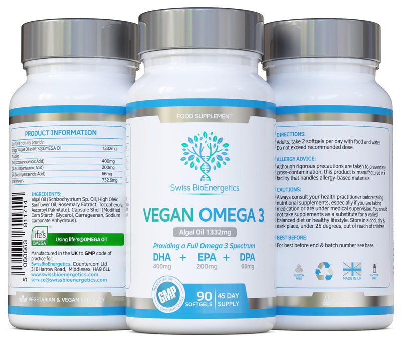 Vegan Omega 3 - Full Spectrum DHA, EPA & DPA - 90 Softgels of Life�s Omega Algal Oil - Sustainable Alternative to Fish & Krill Oil - Ultimate Joint, Heart & Brain Health Supplement - Made in The UK - BeesActive Australia