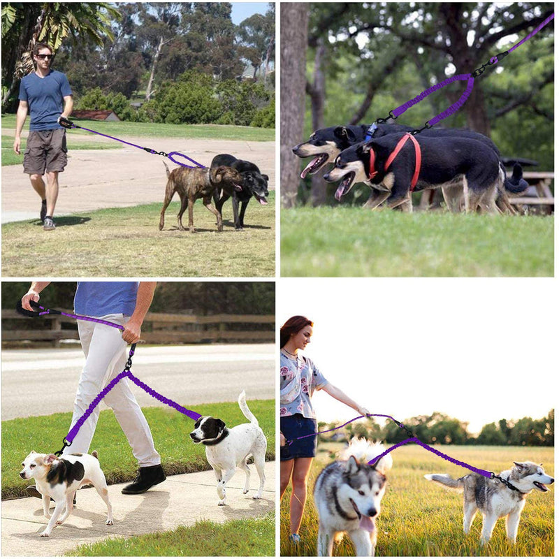 U-pick Dual Dog Leash, Double Dog Leash, 360 Swivel No Tangle Double Dog Walking Training Leash, Comfortable Shock Absorbing Reflective Bungee for Two Dogs, Black, Medium Large Purple - BeesActive Australia