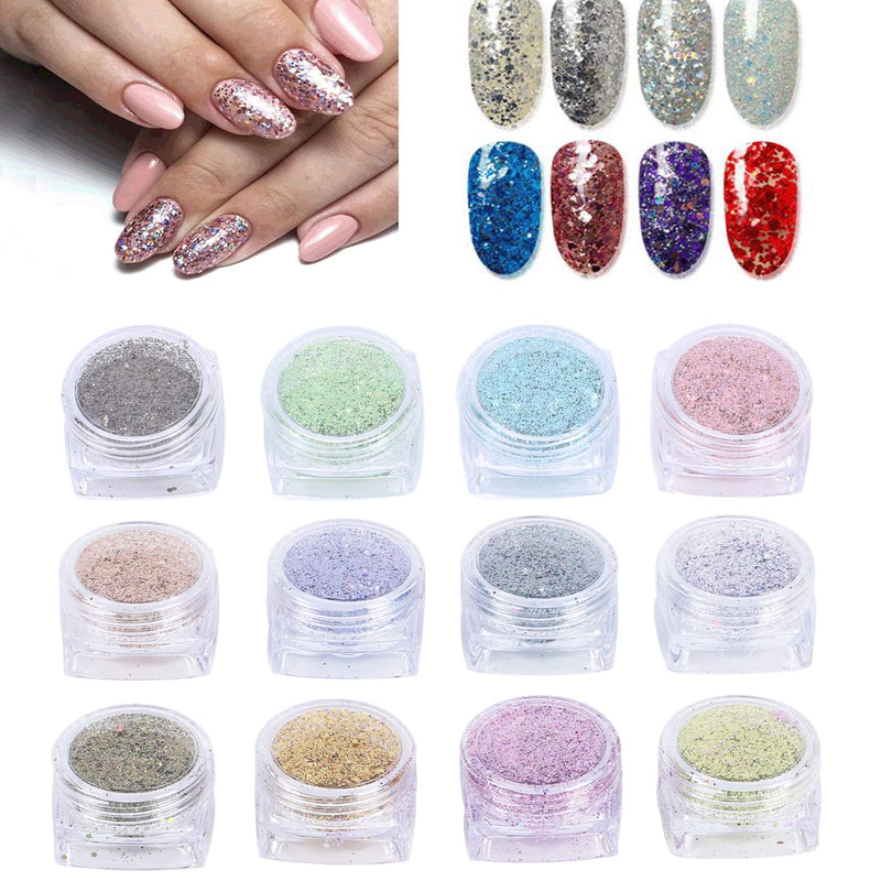 INNKER Holographic Nail Powder Set 12 Jars Flashing Crystal Sequins Iridescent Nail Sequins Mermaid Colorful Flakes Glitter Easy Apply at Home or Premium Salon Banquet - BeesActive Australia