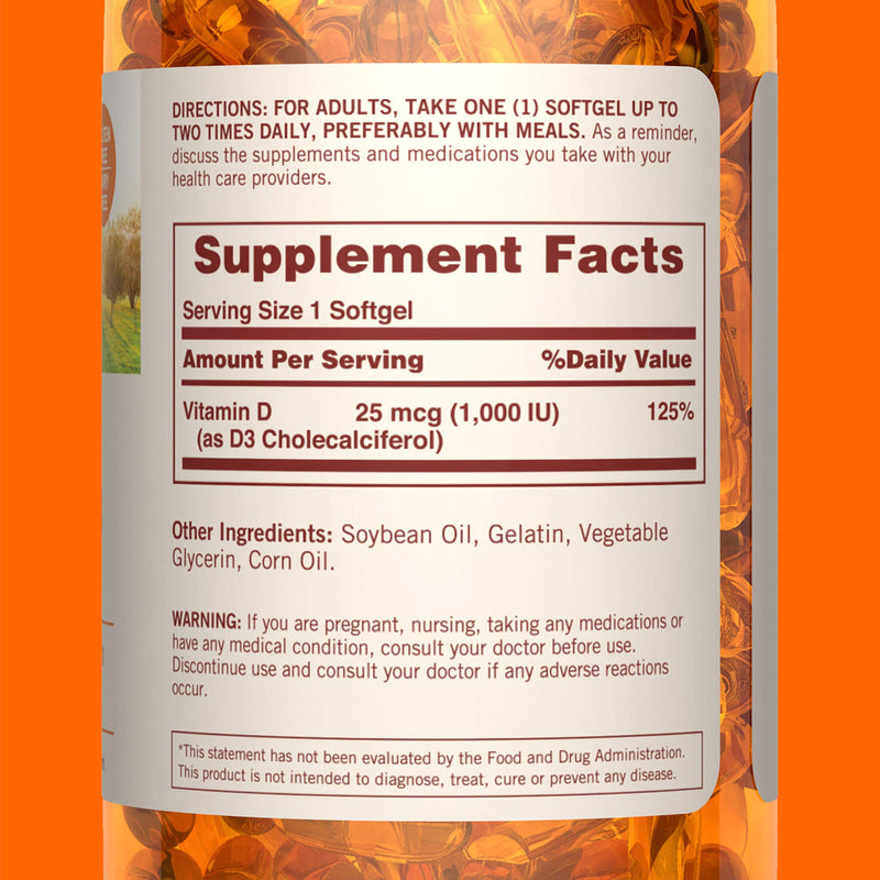 Sundown Vitamin D3 for Immune Support, Non-GMO, Dairy-Free, Gluten-Free, No Artificial Flavors, 25mcg 1000IU Softgels, 400 Count 400 Count (Pack of 1) - BeesActive Australia